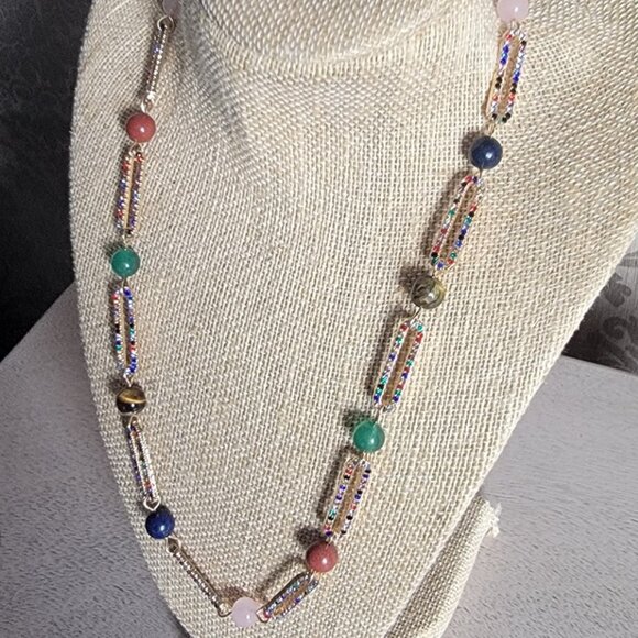 Multi Gemstone Multi Color Austrian Paperclip Necklace - Picture 2 of 6